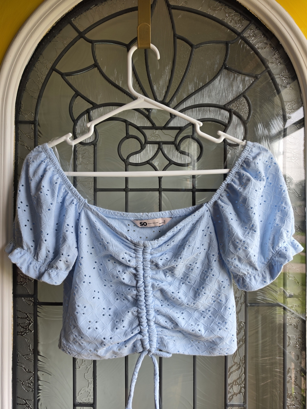 SO Baby Blue Eyelet Ruched Off-Shoulder Crop Top